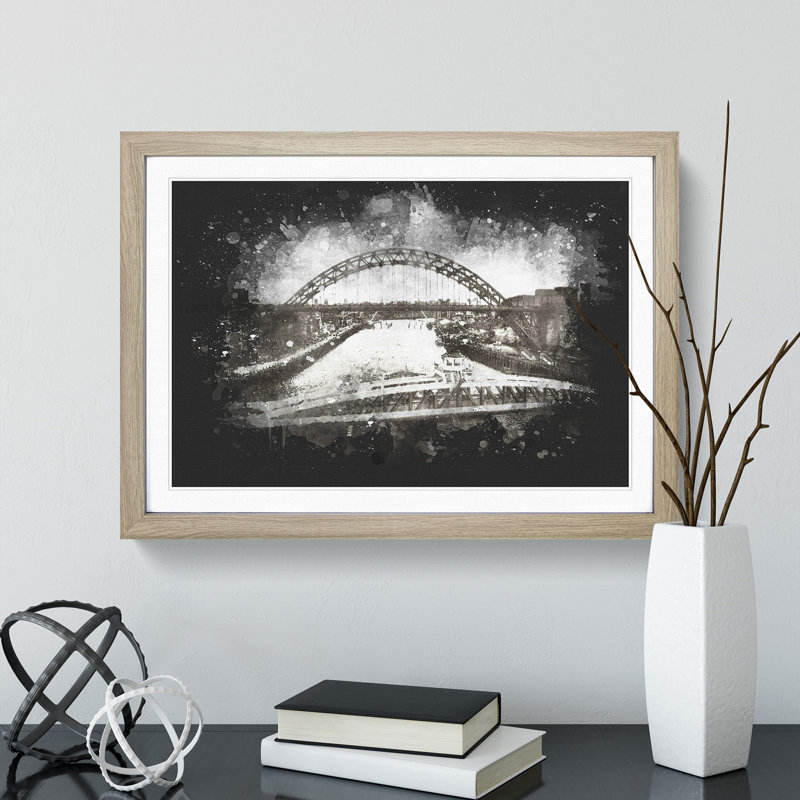 Tyne Bridge Linking Newcastle - Picture Frame Graphic Art Print, 33cm H x 45cm W x 2cm D, Oak Framed