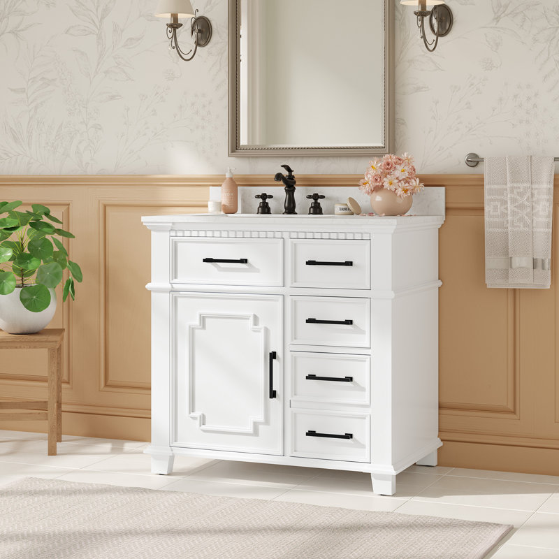 Keira 36" Single Bathroom Vanity With Marble Top, White/Matte Black
