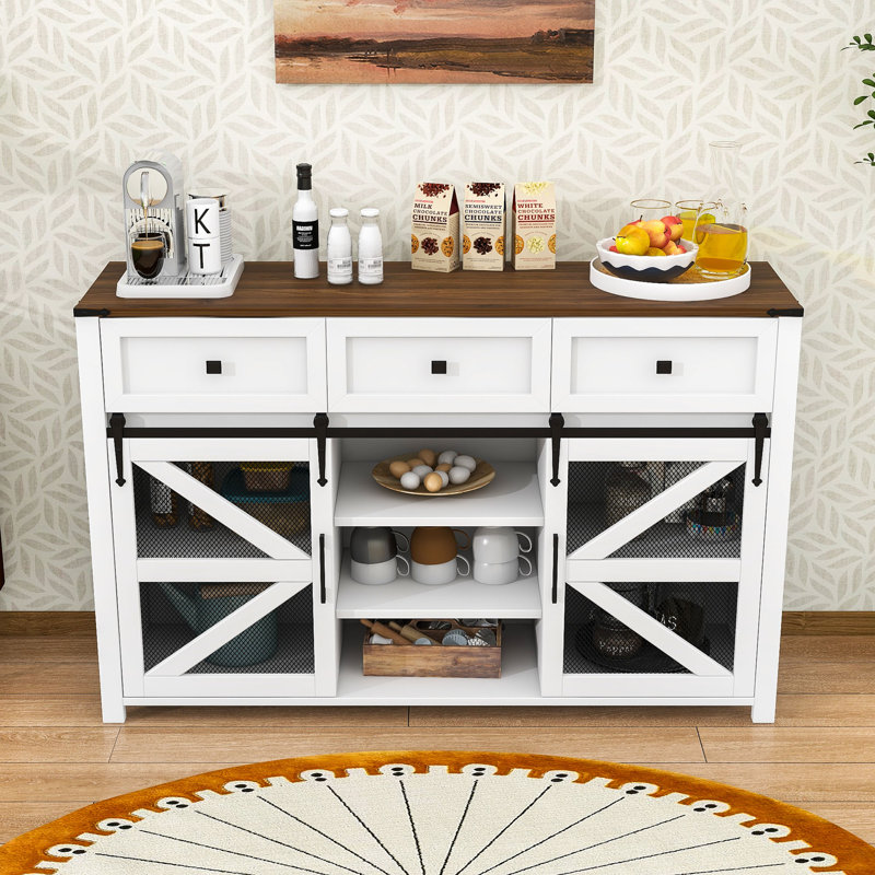 Buffet 3 tiroirs avec porte de grange coulissante, tablettes réglables et portes grillagées en métal, Blanc