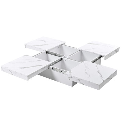 Square Marble Veneer Coffee Table Sliding Top With Storage In White 39.4''
