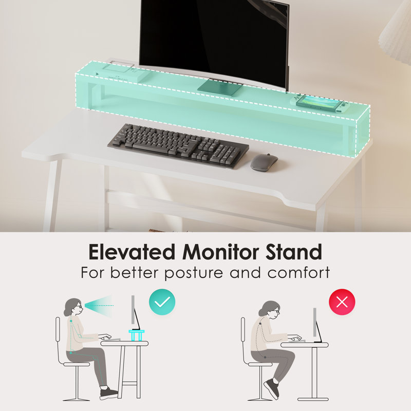 31.5" Computer Desk for Small Spaces, Modern Home Office Desk with Storage Shelf and Monitor Stand, White