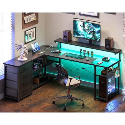 Lymon L-Shaped Metal Base Computer Desk with Power Outlet