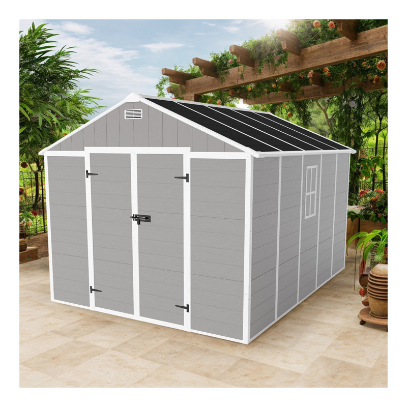 Campcraft 8*10Ft Resin Storage Shed, High Quality Pp Material, Strong Structure, Waterproof, Rust And UV Proof, Large Storage Space, 12Mm Thick Pp Board, HD Window Lighting