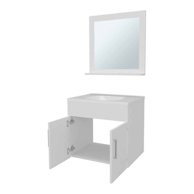  Ensemble de meuble-lavabo flottant 2 portes avec lavabo et miroir, Blanc