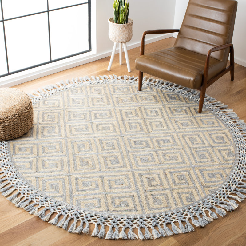 Tapis gris / beige en jute / sisal / coton Currie, Rond 6 pi