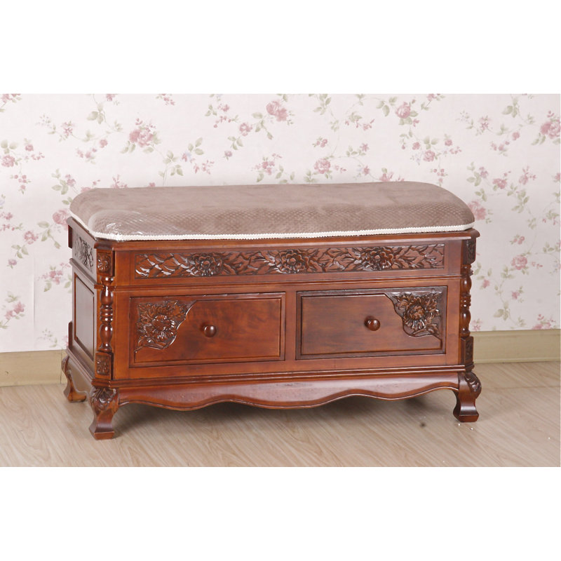 International Caravan Windsor Carved Wood Two-drawer Storage Bench with Cushioned Top - Walnut International Caravan Windsor Carved Wood Two-drawer Storage Bench with Cushioned Top - Walnut
