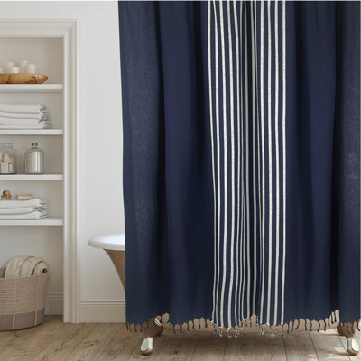 Modern Navy Stripe Shower Curtain with Tassels, White Stripes, 100% Cotton, 72"x72"