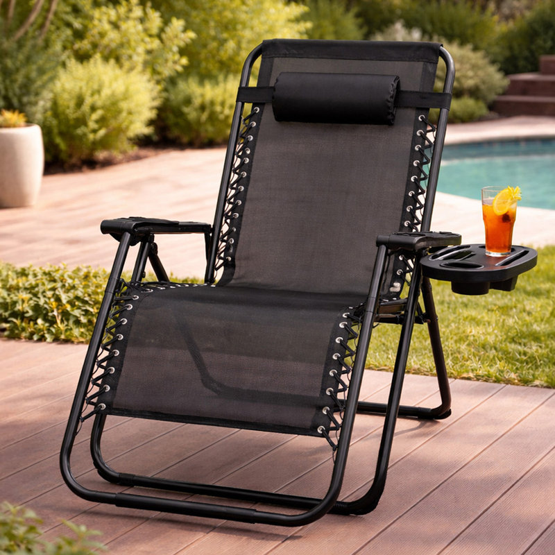 ROYALFORD Zero Gravity Chair | Folding Reclining Garden Chair with Cup Holder, Phone Tray & Adjustable Headrest | Breathable Textilene Fabric Steel Frame Outdoor Patio Sun Lounger Support 120kg