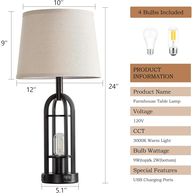 Black Metal Farmhouse Table Lamps Set with Linen Shades and USB Ports
