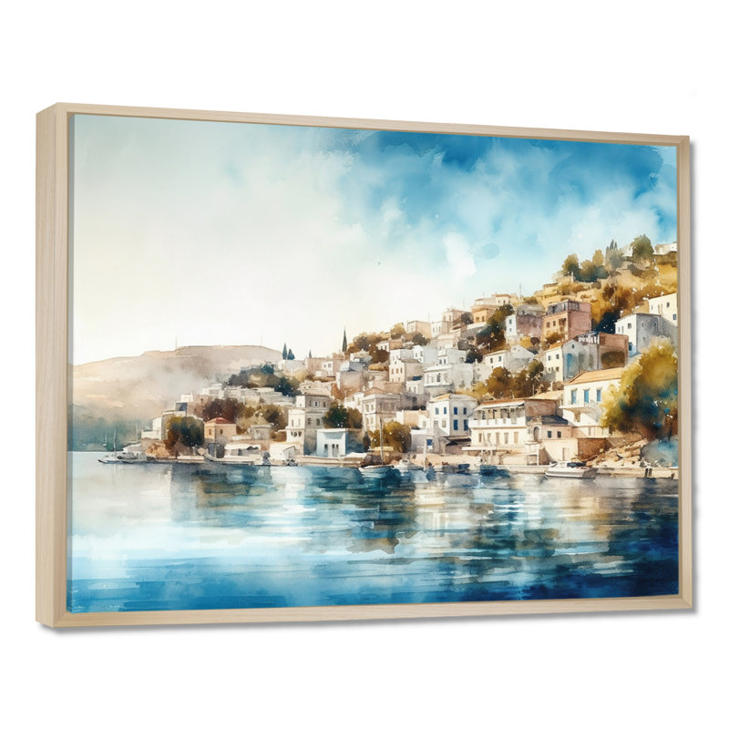 «Blue Mediterranean Seaside Charm», reproduction sur toile, H 30 po x l 40 po x P 1,5 po, Cadre flottant en érable