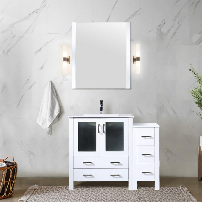 42 po Meuble-lavabo blanc avec armoire latérale, comptoir en céramique, robinet, 28 miroirs - salle de bain blanche et durable