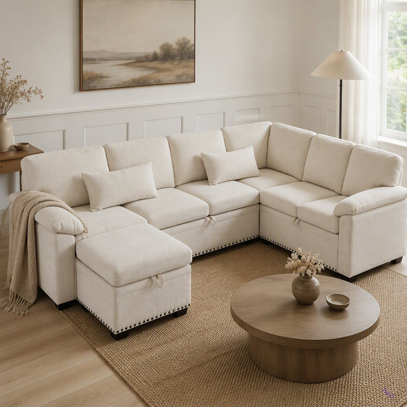 Canapé d'angle modulaire en L 97 po avec siège et repose-pieds de rangement en L 97 po, canapé d'angle en chenille avec 7 sièges et 2 coussins pour le salon