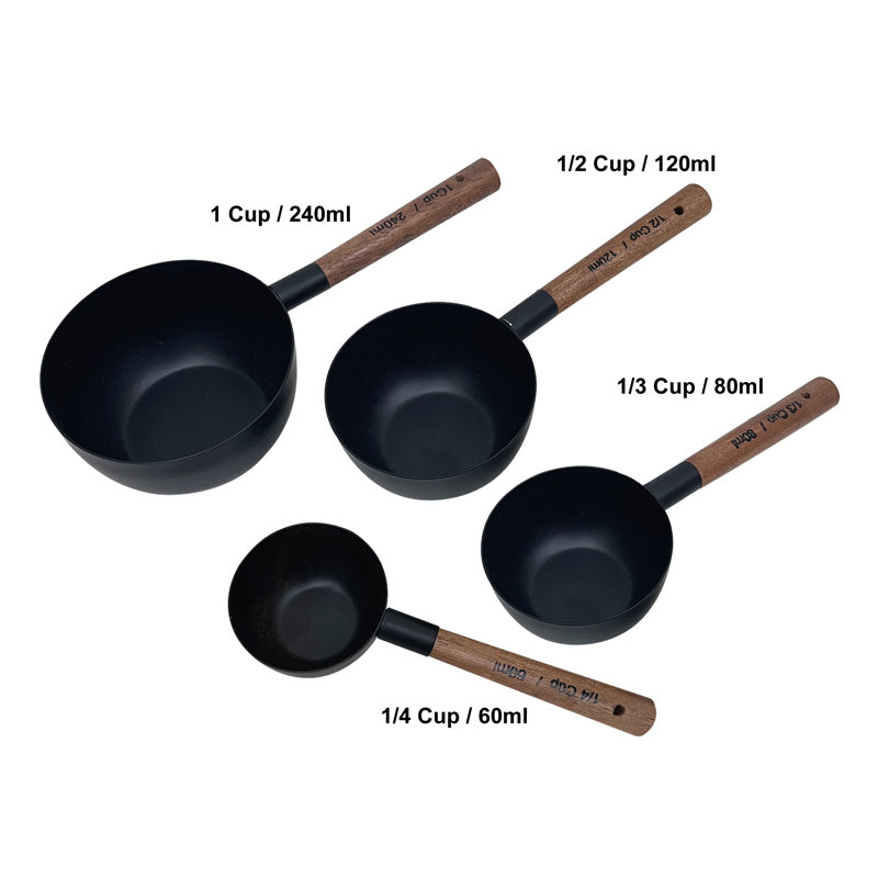 Black Stainless Steel Measuring Cups with Wooden Handles, Set of 4