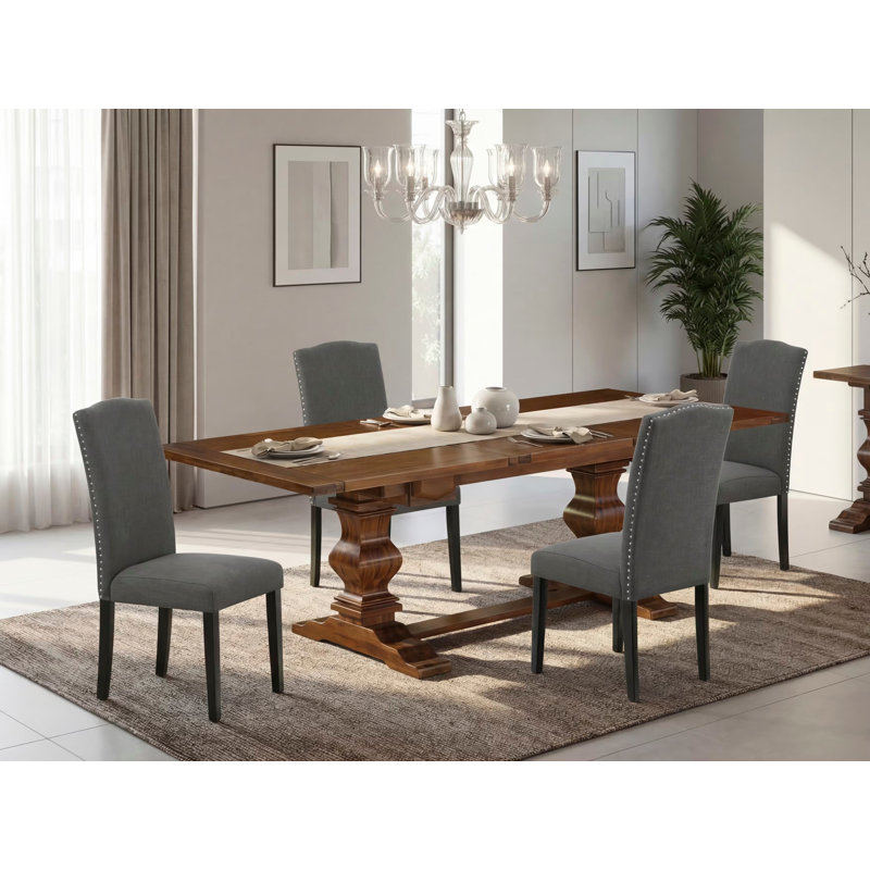 Ensemble de table de salle à manger 5 pièces comprenant une table rectangulaire en bois avec rallonge amovible et 4 chaises rembourrées en tissu de lin Gotham foncé, noyer antique