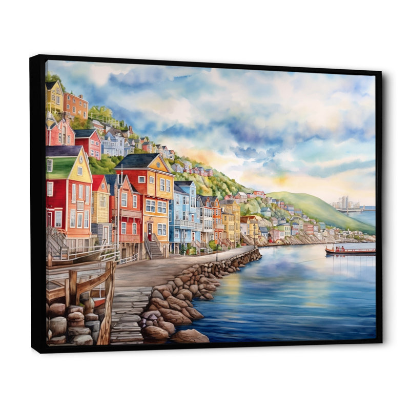 Terre-Neuve côtière rétro I sur toile, H 16 po x l 32 po x P 1 po, Cadre flottant noir