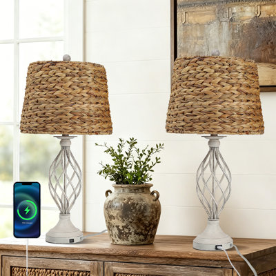 27.55"H Boho Antique White Metal Table Lamp With 3-Way Dimming Handwoven Shade And Usb For Bedroom Living Room