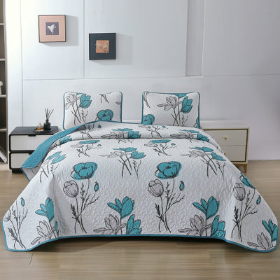 Ensemble de couvre-lit matelassé 3 pièces à motif floral bleu sarcelle, couvre-lit réversible à motif floral moderne avec 2 taies décoratives, ensemble de courtepointe légère pour grand lit