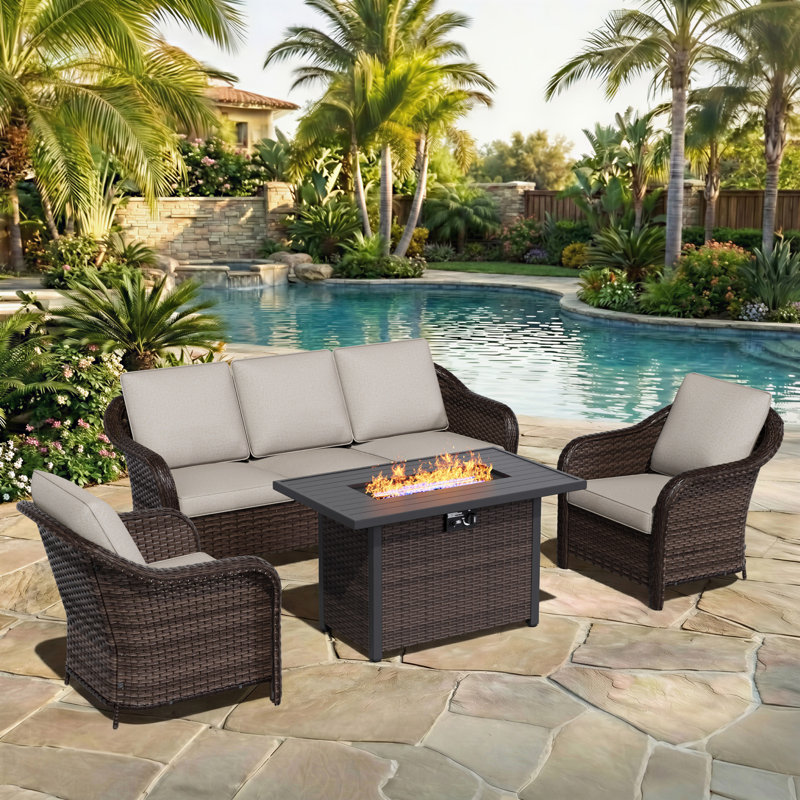 5-Person Outdoor Patio Conversation Rattan Seating Group With 50000BTU Fire Pit Table,2 Single Chair and Beige Cushions