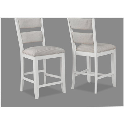 2pc Set White Farmhouse Style Ladder Back Counter Height Side Chair Stool Cream Colour Upholstered Seat and Back Dining Room Wooden Furniture