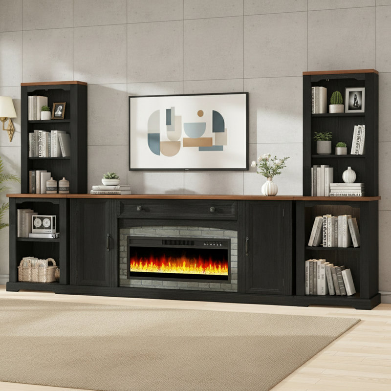 Meuble audio-vidéo 3 pièces avec foyer électrique, rangement et tablettes, Noir, Oui