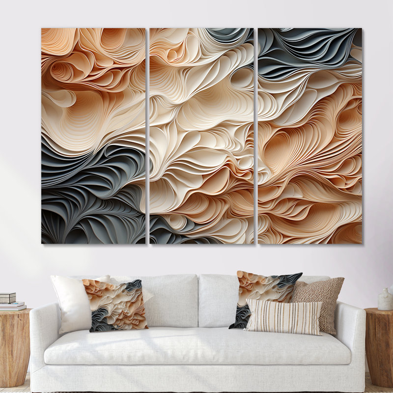 «Beige and Orange Custards Collage I», ensemble d'art mural abstrait, H 28 po x l 36 po x P 1 po, Toile tendue