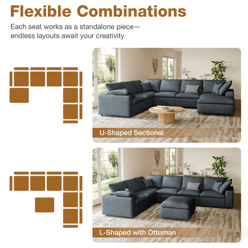 7-Piece Modular Sectional Sofa Cloud Couch, Reversible Living Room Set, Gray Chenille