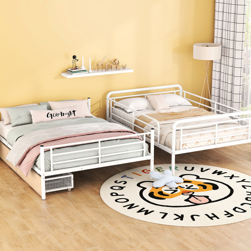 Lit superposé au-dessus de grand lit double en métal blanc avec 2 tiroirs - Style épuré pour les adolescents, coffre-fort en fer