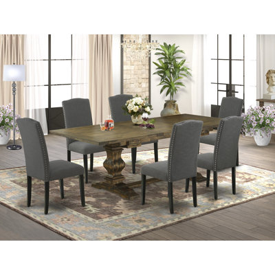 7 Piece Kitchen Table Set Consist of a Rectangle Dining Table with Removable Leaf and 6 Dark Gotham Linen Fabric Parson Chairs, Distressed Jacobean