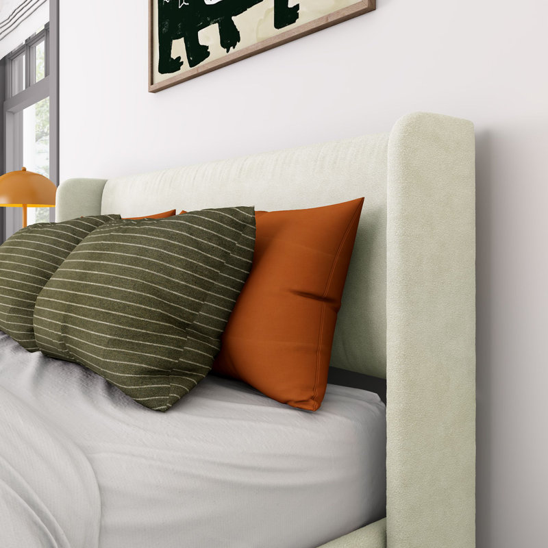 Solid Wood Upholstered Panel Bed with Rectangular Headboard, Cream, Full