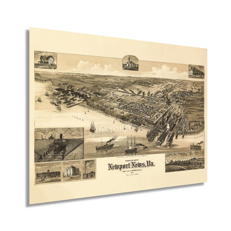 1891 Newport News, carte de la Virginie, H 18 po x l 24 po x P 0,01 po