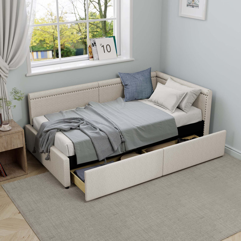 Lit de coin en L de style moderne avec lit simple en lin et deux tiroirs de rangement, Beige