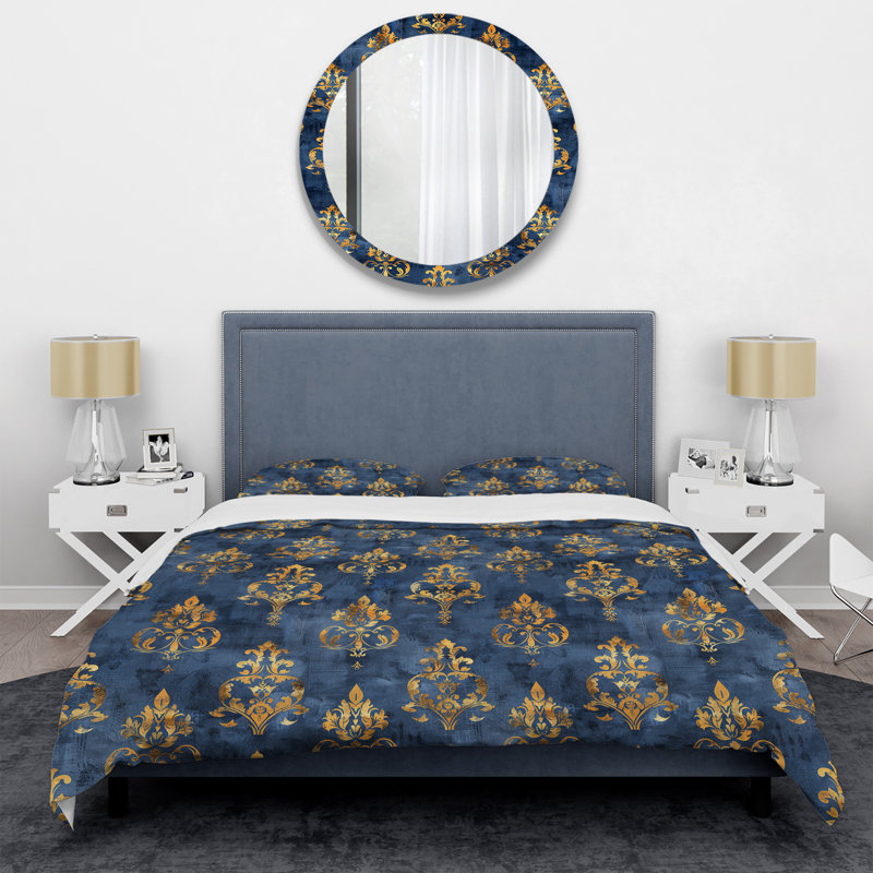 Ensemble de housse de couette transitionnelle Blue Gold Royal Damask Glamour IV