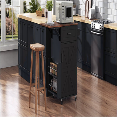 39.3" Farmhouse Kitchen Island with Drop Leaf, Kitchen Storage Island with Open Side Rack, One Drawer, Towel Rack, Rolling Kitchen Cart with Lockable Wheels for Lawn Garden