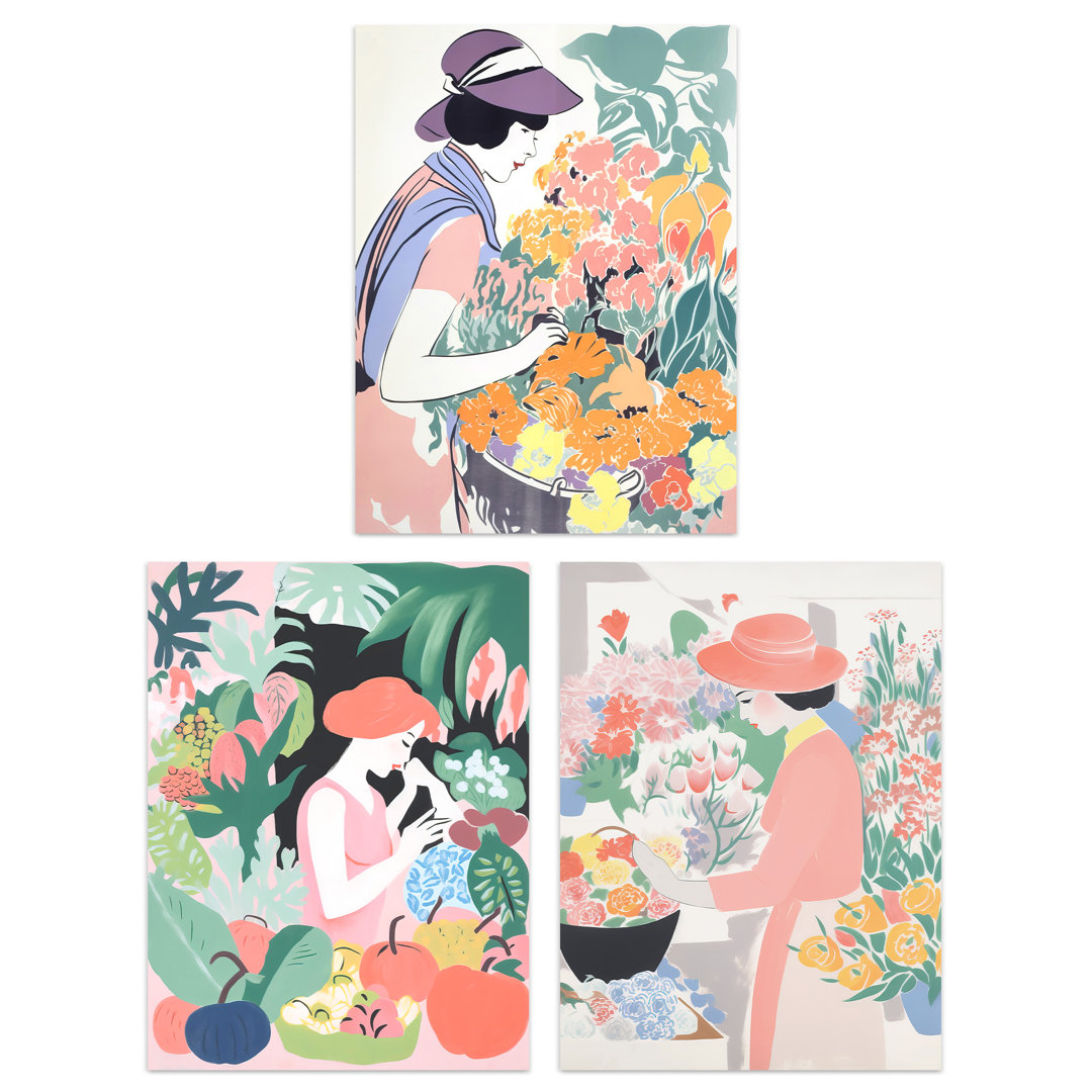 Danish Pastel Aesthetic Flower Market Floral Calming Pink - 3 Piece No Frame Print Set