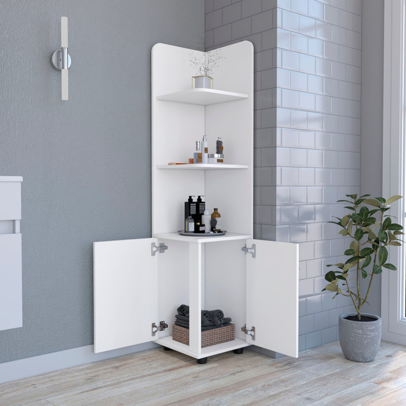 Armoire à linge autoportante, 2 portes, tablettes ouvertes, H 63 po x l 15 po x P 15 po, Blanc