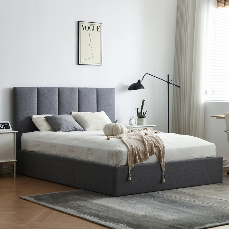 Juanetta Hydraulic Lift Up Storage Upholstered Platform Bed, Queen, Gray Linen