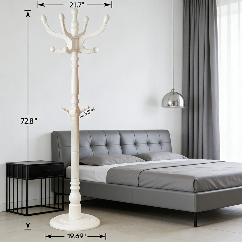 Freestanding Coat Rack With 11 Smooth Hooks And Stable Disc Base, Heavy Duty Vintage Style Wooden Coat Tree For Entryway, Bedroom, Or Hallway