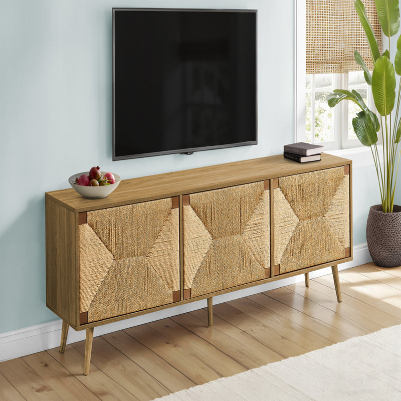 Meuble télé de style Mid-Century moderne avec portes d'armoire Seagrass, finition stratifiée et rangement spacieux pour le divertissement multimédia