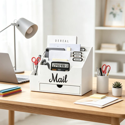 Organisateur de courrier en bois avec six compartiments et un tiroir
