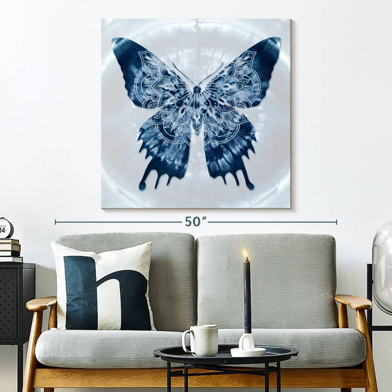 Mandala de rois papillon indigo Batik, H 33 po x l 33 po