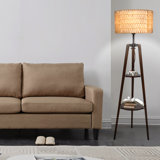 Asriel Tripod Floor Lamp with Rattan Linen Dual Lampshades & Remote Control