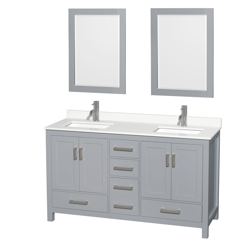 Sheffield 72" Freestanding Double Bathroom Vanity with Quartz Top with 24" Mirrors, White Quartz, Gray, 60"