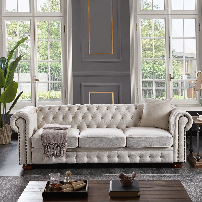 Chesterfield sofa in linen fabric, Beige
