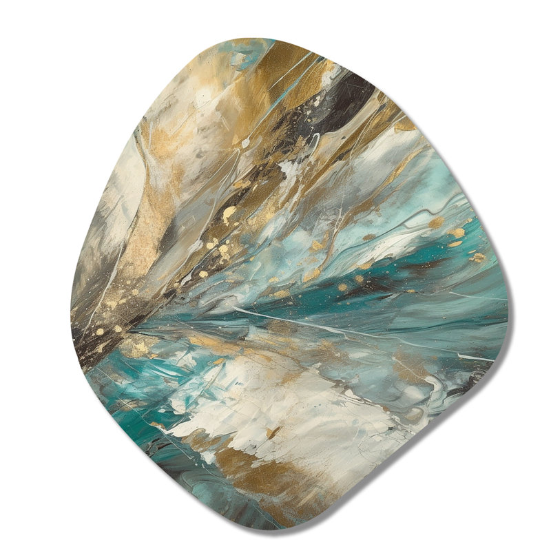 Golden Hour in Turquoise Waves II - Art mural asymétrique abstrait - Forme nébuleuse, H 35 po x l 31 po