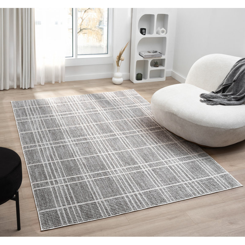 Tapis à motif écossais gris clair / blanc de la collection Clowers, 8 pi x 10 pi, Rectangle 7 pi 5 po x 11 pi 1 po
