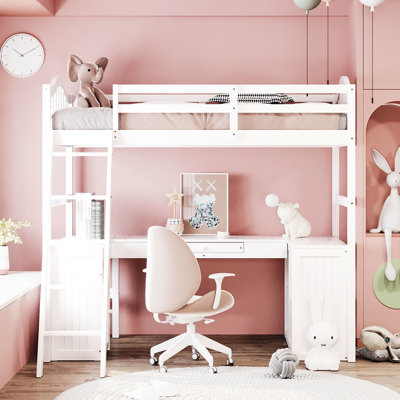 Lit mezzanine simple blanc avec tiroirs et armoire - Bureau en bois massif pour bureau avec rangement peu encombrant