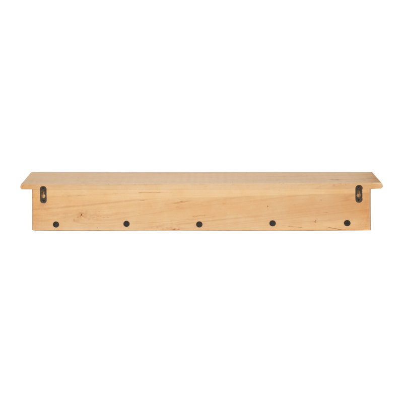 Shea Poplar Solid Wood Floating Shelf with Hooks, Natural