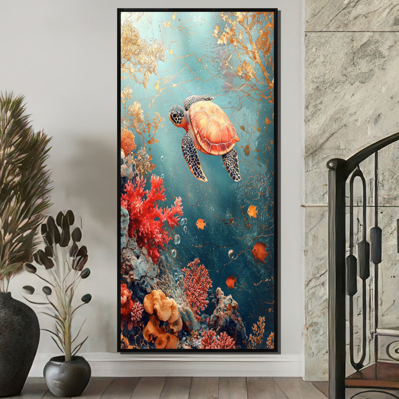 Aquarium Cossandra, tortue, corail, sanctuaire IV - tortue, art mural pour le salon, H 60 po x l 28 po, Noir