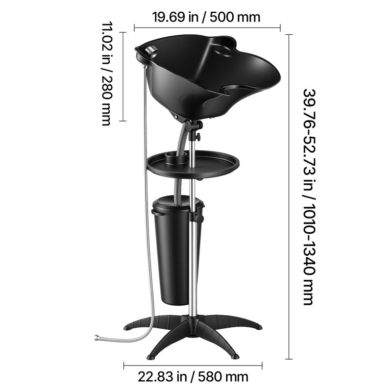 Portable Shampoo Bowl 270° Rotating Salon Sink Wash Basin with Bucket, for Home & Salon Use, Height and Angle Adjustable, Hair Washing Station with Drain Hose, Showerhead & Storage Tray, Black