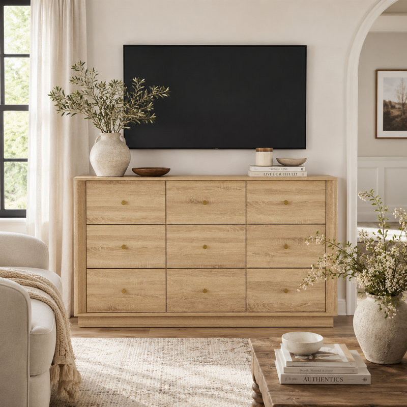 Commode Mid-Century moderne à 55 tiroirs l 55 po, commode à grain de bois, chêne, Chêne